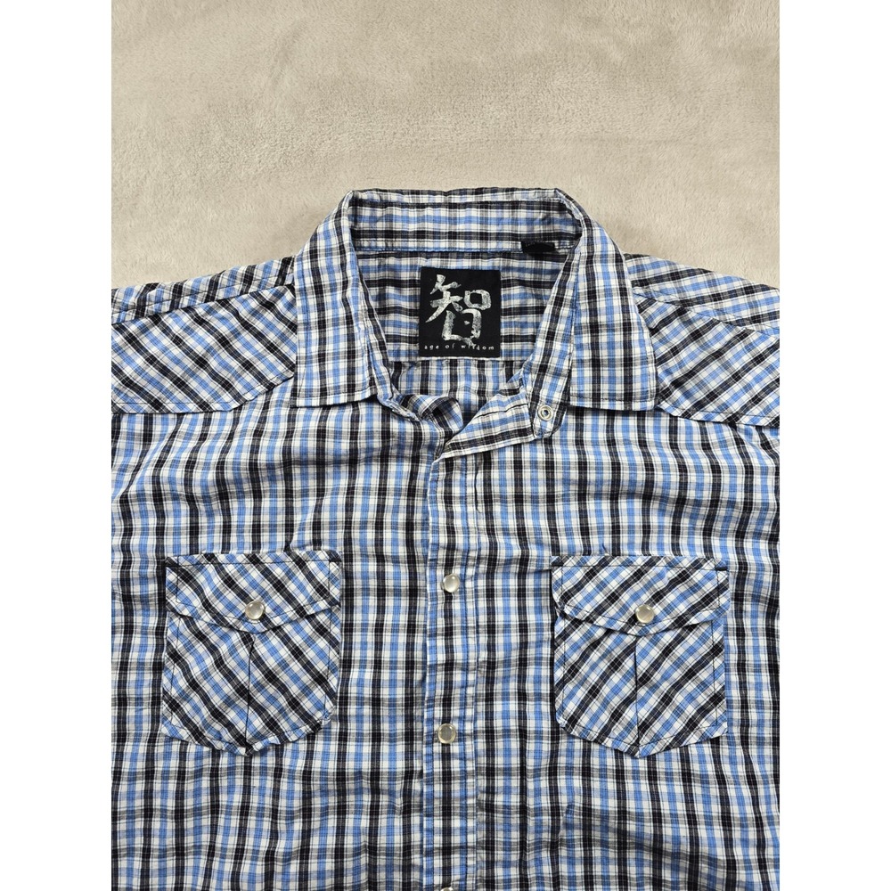 Age of Wisdom Shirt Mens XL Blue Plaid Western Short Sleeve Snap Button Down